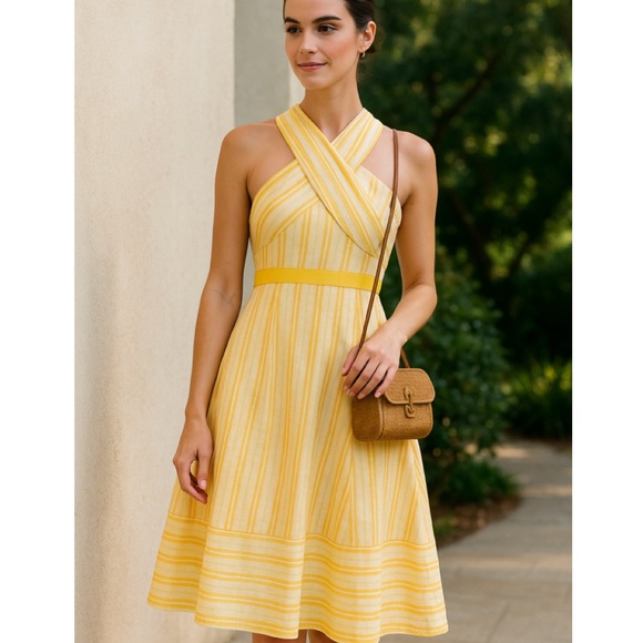 HD in Paris Anthropologie Yellow Stripe Halter Neck Midi Dress Size 8 - Picture 3 of 9